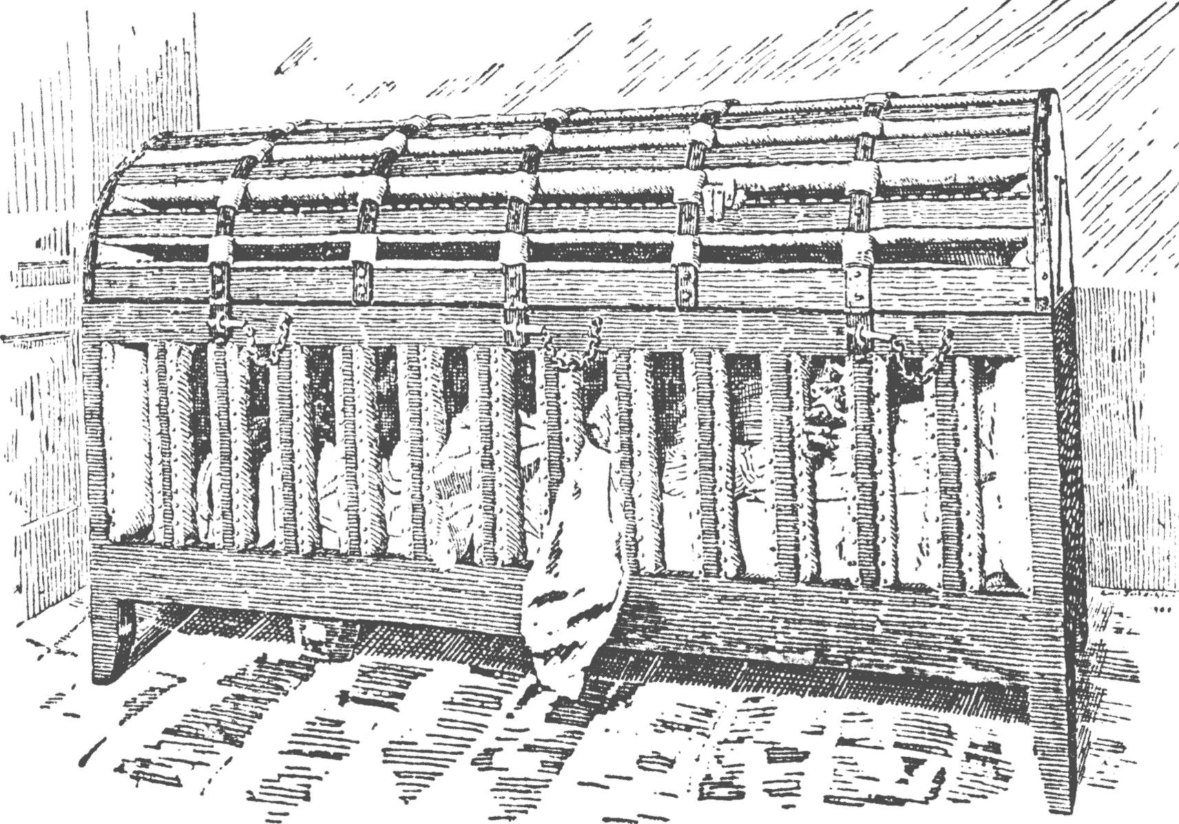 Arkivtegning af dårekiste fra Bethlem Royal Hospital i London. Foto: Wikimedia Commons.